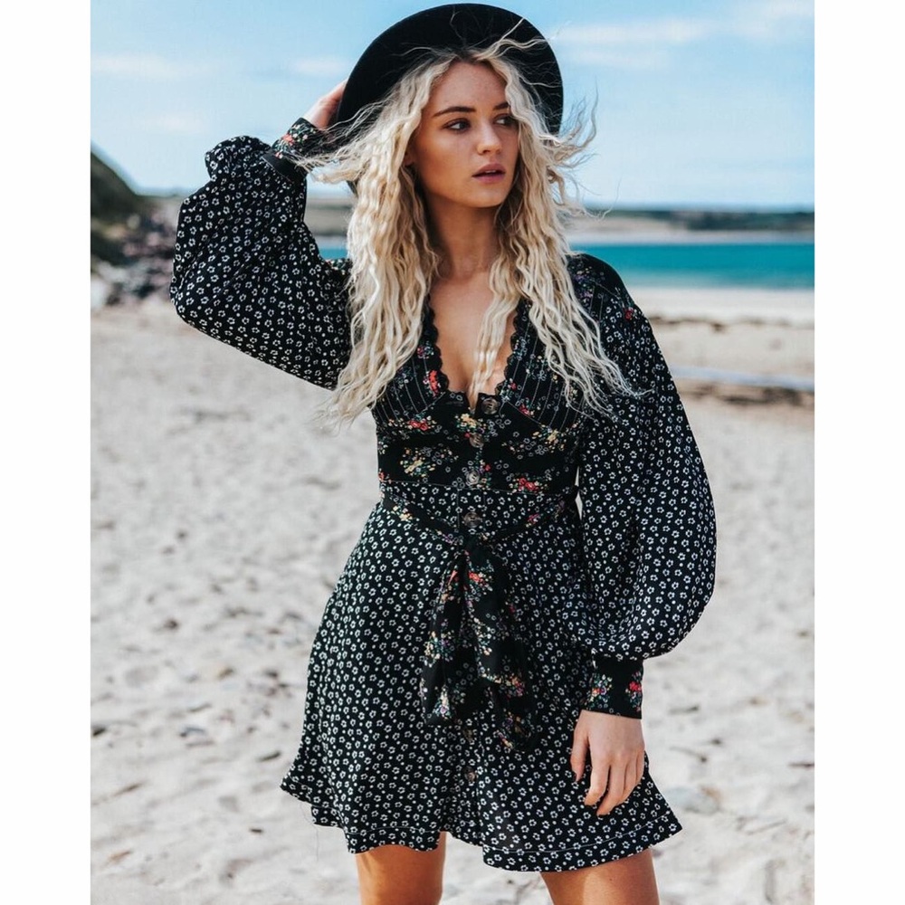Free People Wonderland Printed Black Floral Button Up Mini Dress